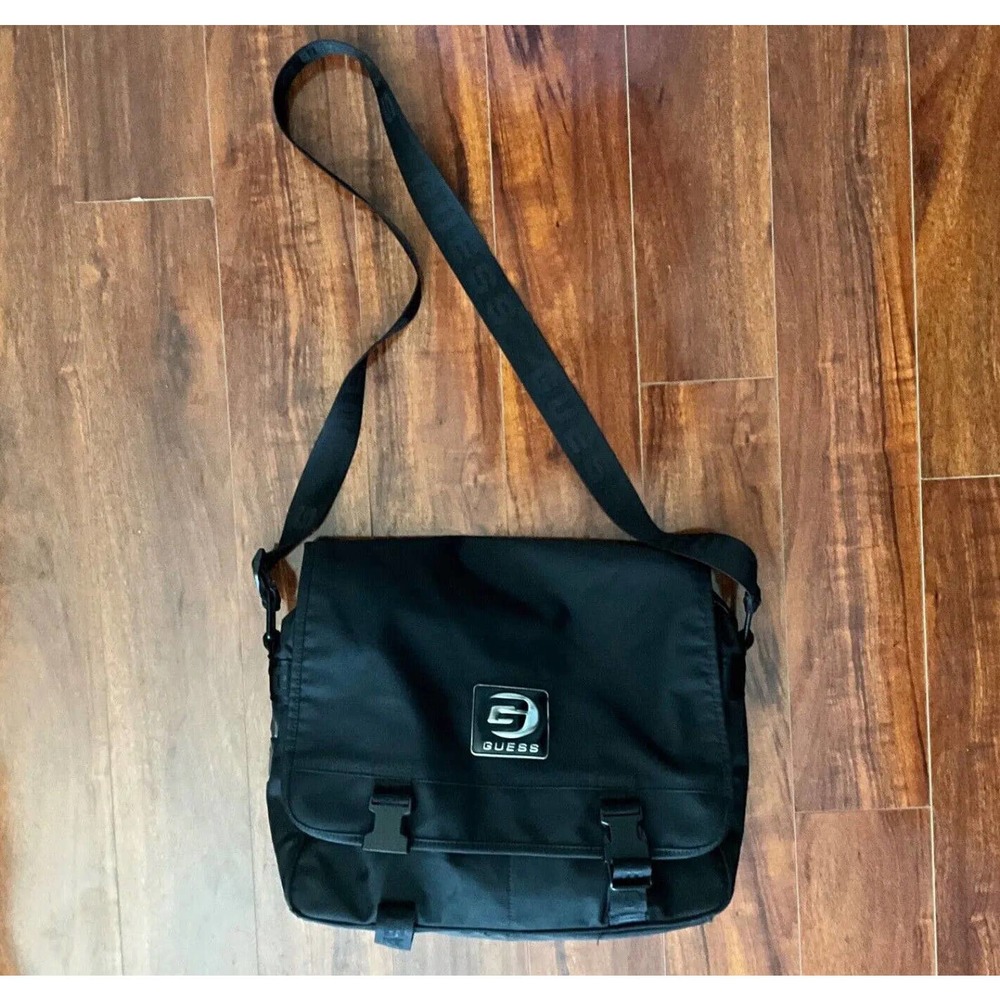 Black VTG Y2k GUESS Logo Flap Messenger Work Laptop Polyurethane Crossbody Bag